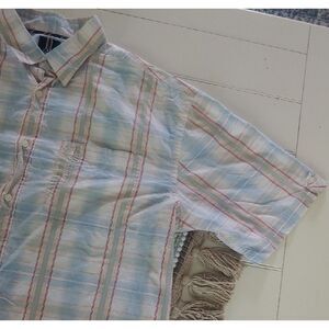 Phat Farm Mens XL‎ Plaid Button Down Shirt Short Sleeve Blue Red Casual Pocket